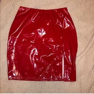 Boohoo red latex skirt